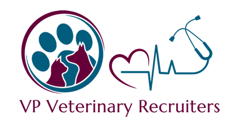 Logo of VP Veterinary Recruiters featuring a paw print, silhouette of two animals, and a stethoscope design, symbolizing veterinary services and recruitment.
